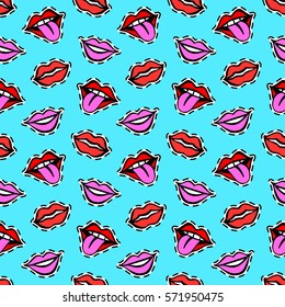 Lips and tongue patches seamless pattern. Trendy pop art 90s style. Fashion textile background