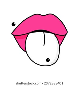 Lips with tongue and piercing. Gothic aesthetic in y2k, 90s, 00s and 2000s style. Emo Goth tattoo sticker black white pink colors. Vector illustration