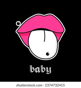 Lips with tongue, piercing and inscription Baby. Gothic aesthetic in y2k, 90s, 00s and 2000s style. Emo Goth tattoo sticker on black background. Vector illustration