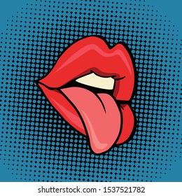 lips tongue pop art retro. Illustration imitating vintage figure