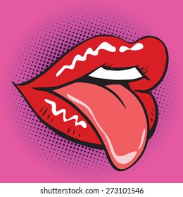  lips tongue pop art retro. Illustration imitating vintage figure