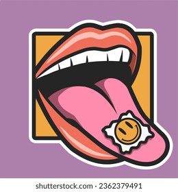 lips tounge out sticker vintage groovy characters and elements for poster of sticker design. Retro character, hippie 70s style, psychedelic vector illustration