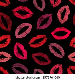 Lips traces. Joyful design. Lipstick kisses. Imprint female lips. Seamless pattern fashion makeup. Romantic kisses. Repeating texture mouth. Endless nice background for design fabric, wrapping, prints