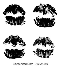 Lips track print set. Stamp of mouth collection. Vector illustration.