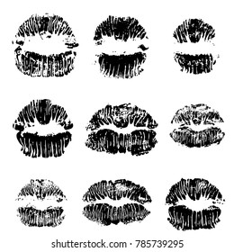 Lips track print set. Stamp of mouth collection. Vector illustration.