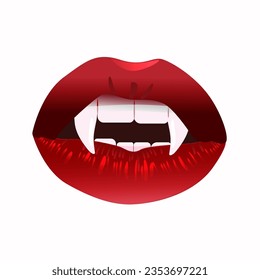 Labios con colmillos de vampiro. Drácula de mal gusto con besos rojos de sangre y diseño de halloween vectorial gótico glam