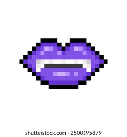 Lips with vampire teeth isolated on transparent background. Purple lips with fangs icon. Open mouth. Vector pixel art illustration in 16 bit old style.