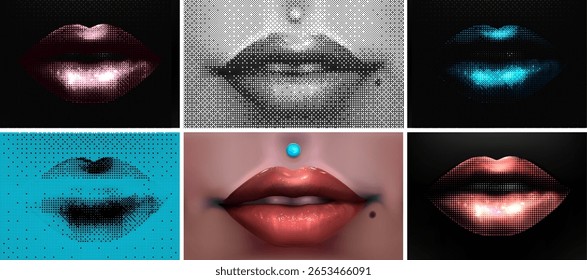 Lábios em vários estilos Uma colagem. Lábios femininos em estilo moderno pontilhado pop art estilo. Сmulheres loucas lábios.