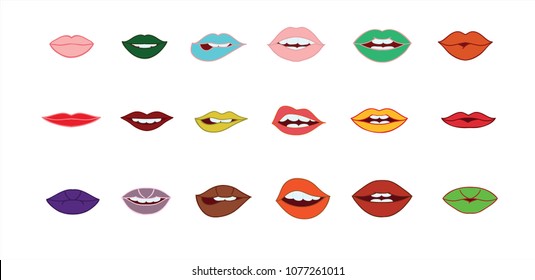 Lips vector collection.  Illustration of sexy doodle woman's lips expressing different emotions. Smile, kiss, half-open mouth, biting lip. Isolated on white background.