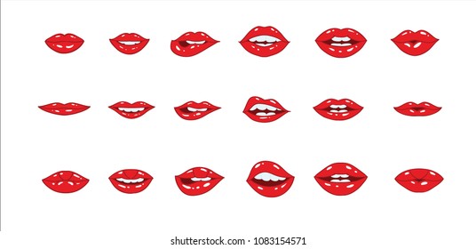 Lips vector collection.  Illustration of sexy doodle woman's lips expressing different emotions. Smile, kiss, half-open mouth, biting lip. Isolated on white background.