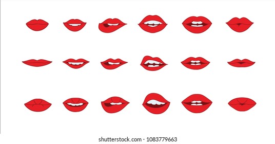 Lips vector collection.  Illustration of sexy doodle woman's lips expressing different emotions. Smile, kiss, half-open mouth, biting lip. Isolated on white background.