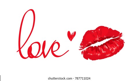 Lips Vector Illustration, Valentines Day Postcard, Love inscription calligraphy