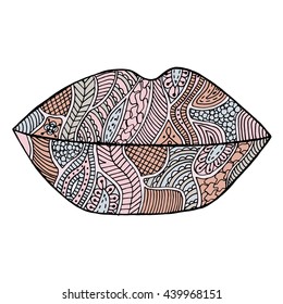 Lips vector. Lipstick zenart. Kiss zen tangle. Makeup doodle. Mouth zentangle. Smile zendoodle. Cosmetic coloring book