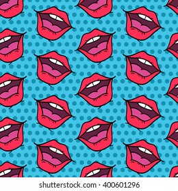 Lips. Vector Seamless Comic Pattern In Pop Art Style. Open Mouth Of A Girl On Blue Dots Background.