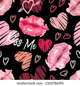 Lips in a watercolor style, hearts lettering kiss me. Daring bright youthful pattern, graffiti. On a black background. For wallpaper, printing on fabric, wrapping, background.