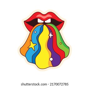 Lips from which a rainbow pours. Psychedelic retro sticker in cartoon style.Retro element in funky, hippie style. Vector illustration of 70s, 80s