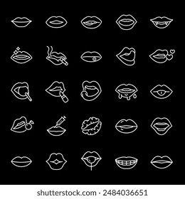 Labios, iconos de línea blanca. Diversas Formas y expresiones bucales. temas de belleza y comunicación. Símbolos sobre fondo negro. Trazo editable.