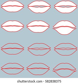 Lips white with red path and only red path without fill twelve items - set icons.