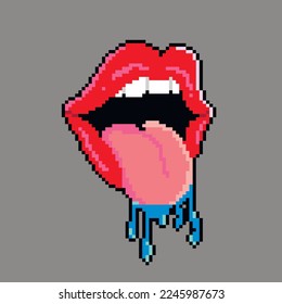 Lips of a woman in red lipstick and tongue vector illustration in pixel art