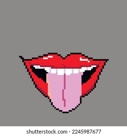 Lips of a woman in red lipstick and tongue vector illustration in pixel art