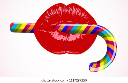 Lips women,kiss,mouth with lollipops. Concept, logo, symbol of taste, candy store, sweet, valentine love, sale. Sweets taste icons set - candy cane  swirl lollipop. Lips, lip, face, kiss, mouth vector