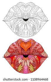 Lips zentangle styled for t-shirt design, tattoo and other decorations. Color and outline set