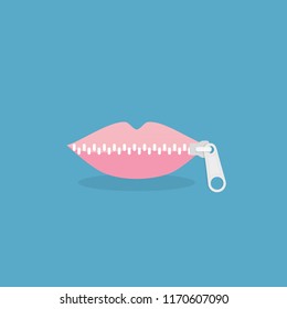 Lips zipped. Woman's mouth with zipper closing lips shut. Concept of shut up, keeping quiet. Vector illustration, flat design