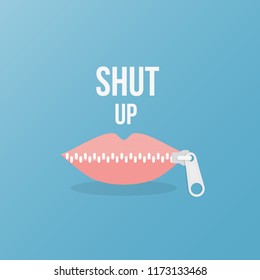 Lips zipped. Woman's mouth with zipper closing lips shut. Concept of shut up, keeping quiet. Vector illustration, flat design