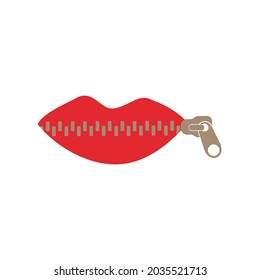 Lips zipped. Woman's mouth with zipper closing red lips shut. Concept of shut up, keeping quiet. Flat design.
