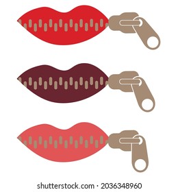 Lips zipped. Woman's mouth with zipper closing red lips shut. Concept of shut up, keeping quiet. Flat design.