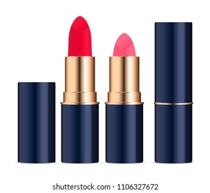Lipstic cosmetics set with caps open and closed. High quality vector illustration, isolated on white background.