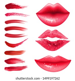 Lipstic smears vector set in realistic style. Red lips collection. Imprint of kiss for beauty design.