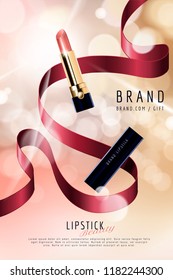 Lipstick ads with decorative ribbons on selective focus background in 3d illustration