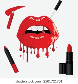 Ilustración vectorial de la cubierta de la publicidad del lápiz labial con los labios rojos. Trazador de líneas del labio, lápiz labial y cubierta.