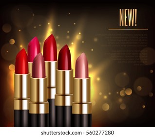 Lipstick assortment background with glossy sparkling colors realistic vector illustration