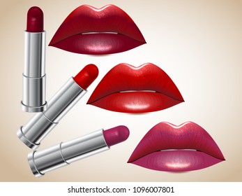 Lipstick of berry tints and painted lips, vector illustration