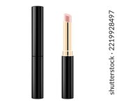 Lipstick black tube template, vector mock-up. Nude lip balm, 3d realistic packaging, opened and closed with cap. Decorative cosmetic product. Vector illustration isolated on white background