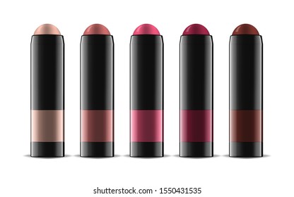 Lipstick or blusher in glossy black tube, realistic vector illustration. Lip or cheek rouge color palette. Trendy makeup product. Easy to recolor.