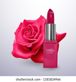 Lipstick in bright pink color in the realistic style against a background of red rose, vector illustration
