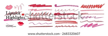 Lipstick brush lines, underlines and highlighters with crayon texture. Set of hand drawn red or pink pencil strokes. Vector doodle stroke for highlight and emphasize text. Makeup smears and swatches.