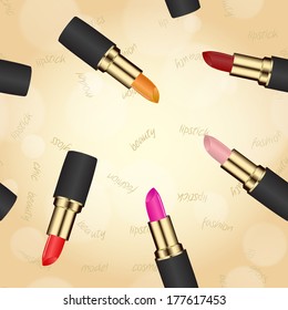 lipstick in case on a beige background with bokeh effect. space for text