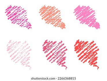 Lipstick or chalk stroke texture isolated on white background. Diagonal smeared lipstick color strokes collection for banner, speech box, card, frame, overlay or other using. Vector illustration. Set.