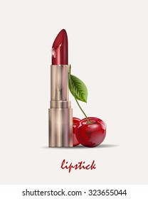 Lipstick  and cherry. Beauty and cosmetics background. Vector illustration.