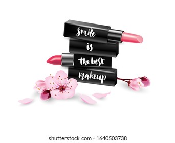 Lipstick with cherry blossoms. The concept of makeup. Smile is the best make up. Professional makeup and beauty. Beautiful makeup. 3D realistic detailed mockup. Lipstick close-up.Template Vector.