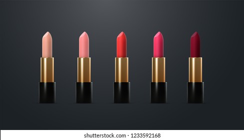 Lipstick collection ads poster template. Premium cosmetic products. Packaging mockup design. Cosmetics isolated on dark background. 3d vector illustration. Makeup or visage concept. Beauty banner