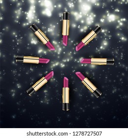 	
Lipstick collection ads poster template. . Elegant lipsticks holiday sale with glossy streamers on black background in 3d illustration