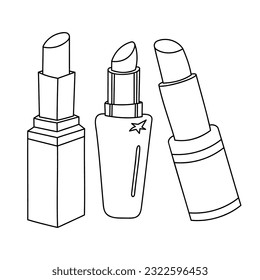 Lipstick collection - hand drawn black and white vector illustration. 