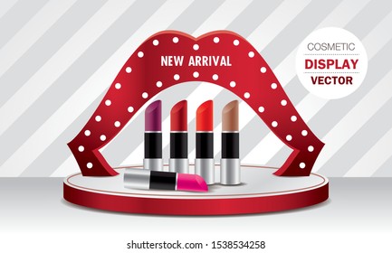 lipstick collection on step with lip shape arch stand. cosmetic product display 3D illustration vector.