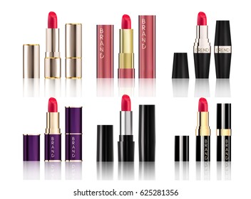 Lipstick Collection set of different cosmetics packaging design Mock-Up realistic style isolated