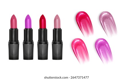 Lipstick Collection Three Vibrant Colors on White liquid lipstick